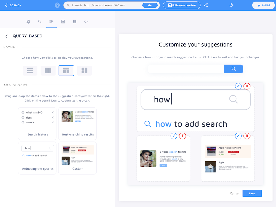 Customize suggestions by adding blocks to empty state