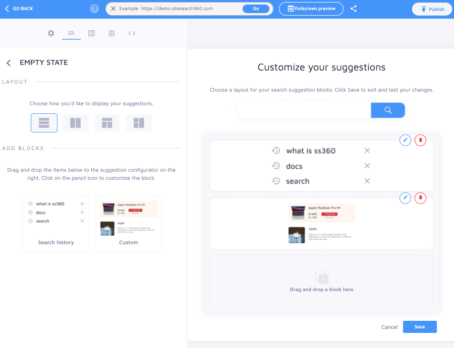 Customize suggestions by adding blocks to empty state