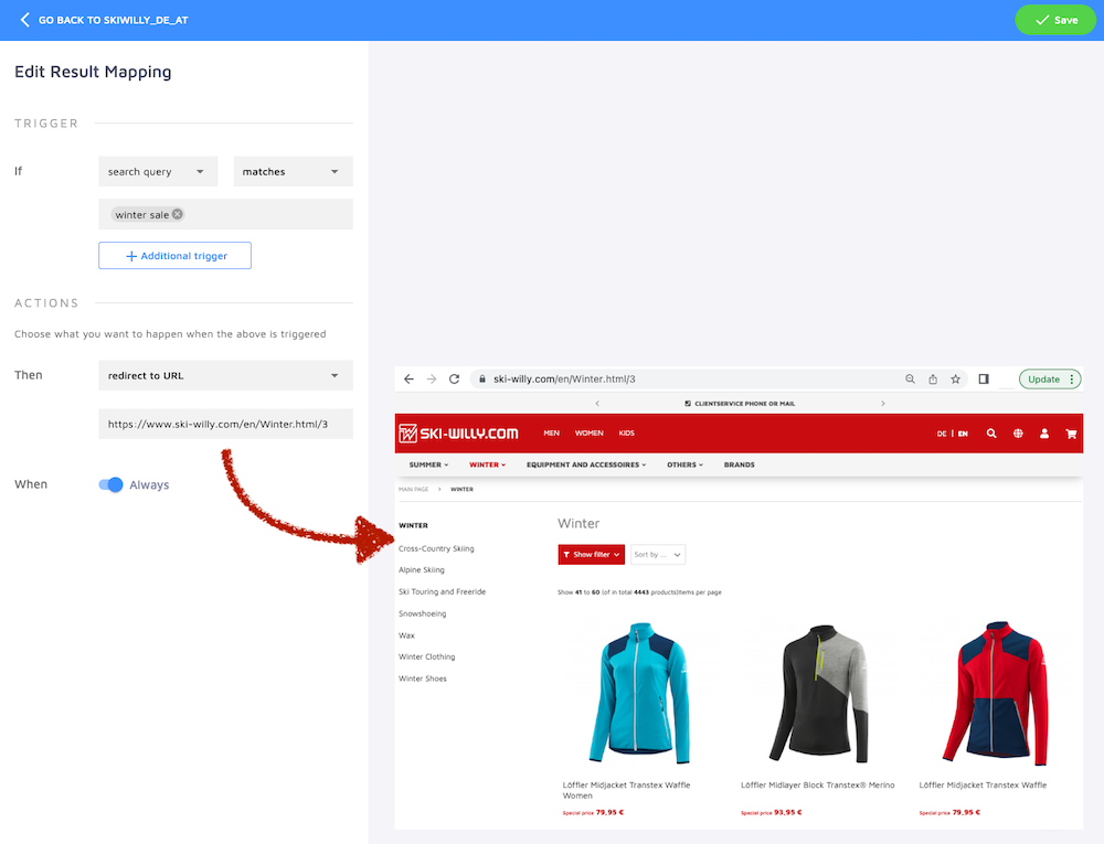 result mapping of a search query preview