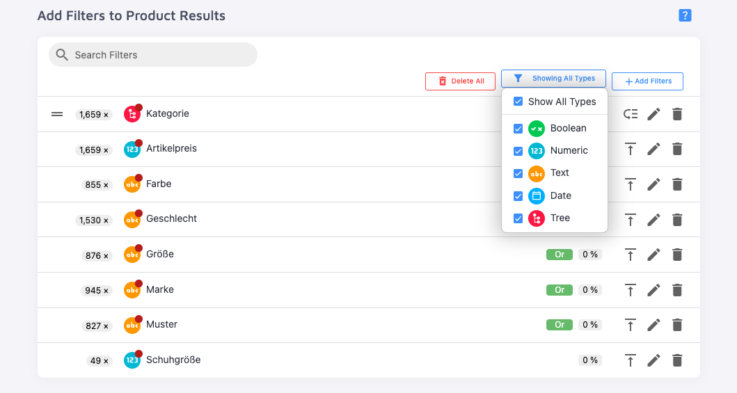 filter options for product results