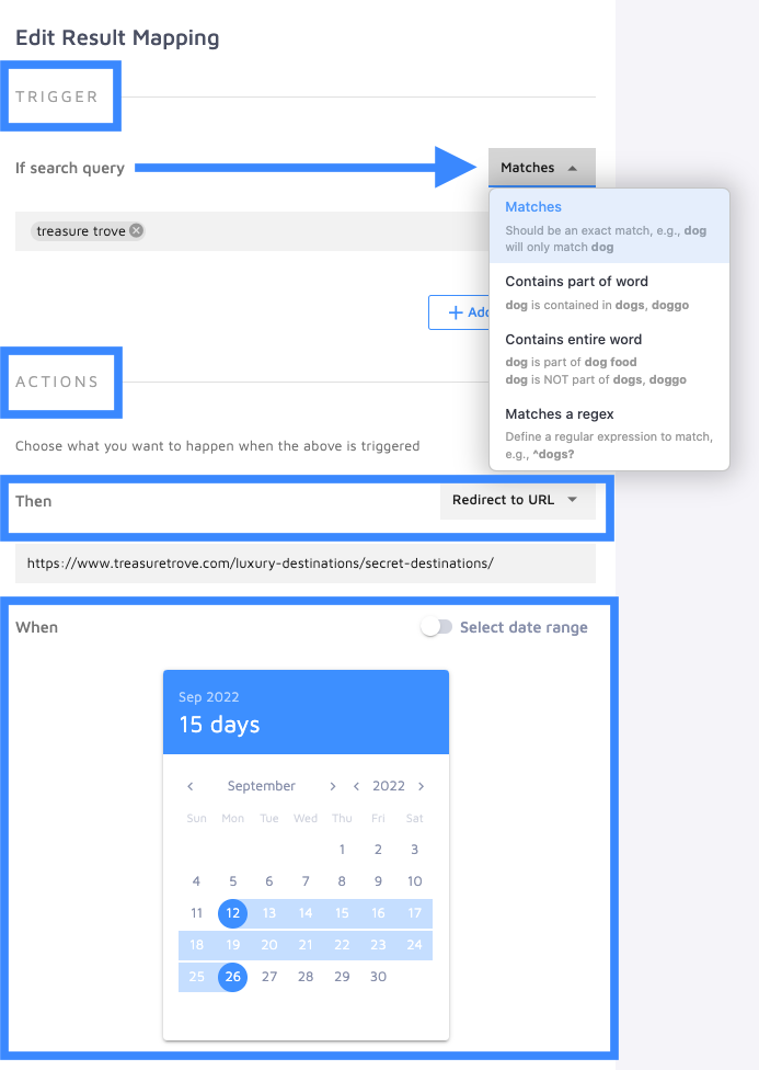 query redirected to url for a specific date range