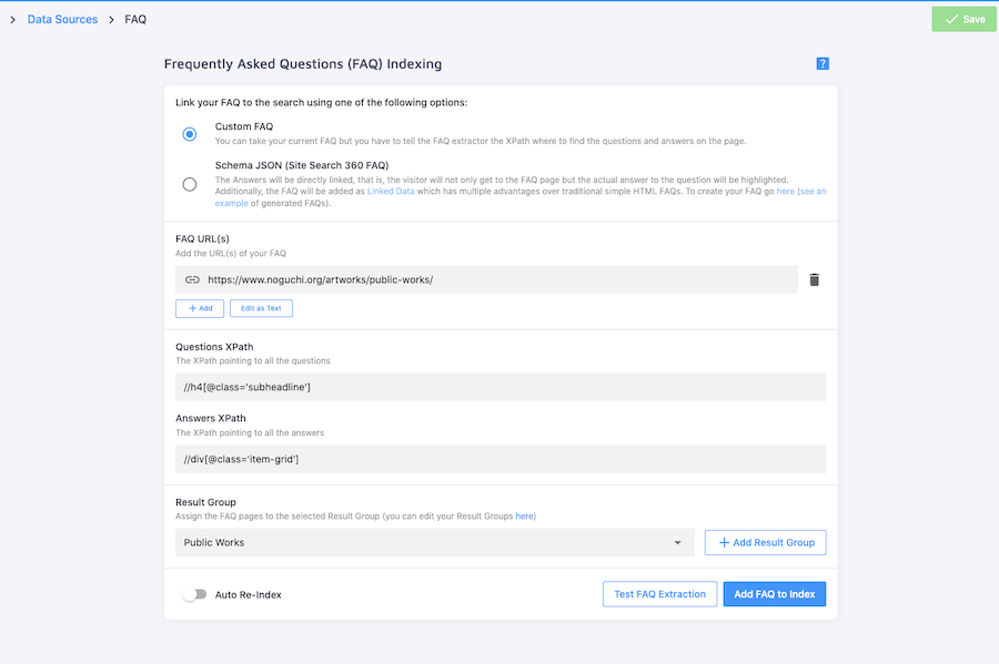 FAQ indexing functionality in search control panel for the Noguchi Museum