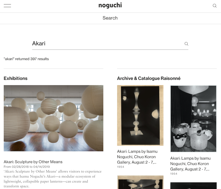 Search results for Akari query on Noguchi website