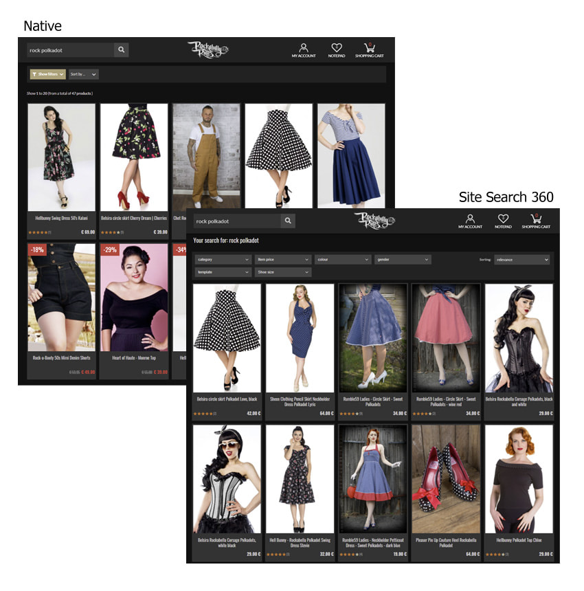 Native search compared to Site Search 360